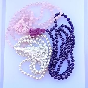 Assorted glass mala bead necklaces Lot of 3 glass pearl, rose quartz, amethyst